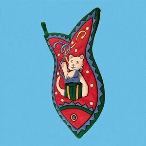 Whimsical White Kitty Cat Vintage 14" L'Art Fish Shaped Puffy Christmas Stocking